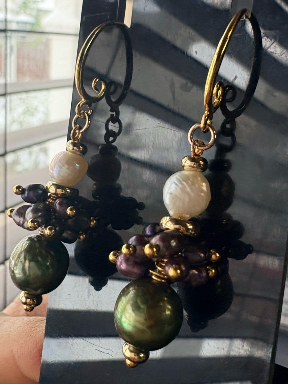Artisan Handmade Freshwater Pearl Gold Drop Dangle Earrings Green Purple - Picture 5 of 7